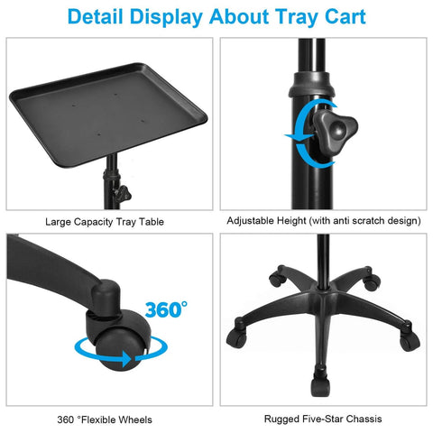 Salon Rolling Tray Cart With Height Adjustable Aluminum Tray Premium Mobile Tattoo Styling Trolley with detail views