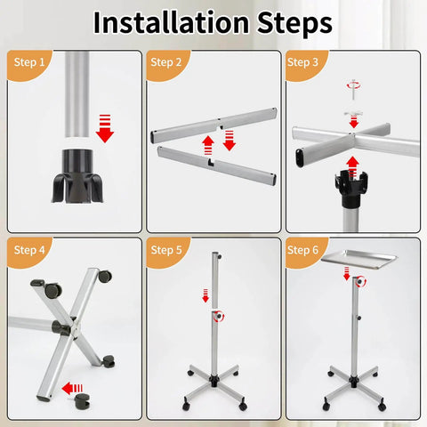 Six steps installation guide for Rolling Salon Tray On Wheels For Pros In Salons And Tattoo Studios Adjustable Height Hair Stylist Cart