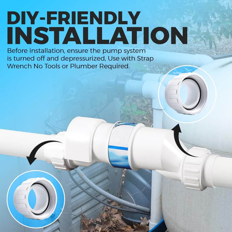 Salt Cell 2 Inch Union Replacement Kit for Chlorine Generators installed on pool pump line, showing durable PVC unions and O-rings.