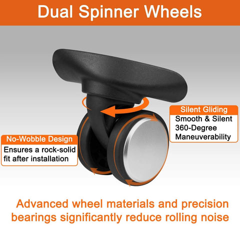 Dual spinner wheels from Wheels Replacement Kit for Samsonite Freeform Hardside Carry On Suitcase designed for smooth 360-degree maneuverability.