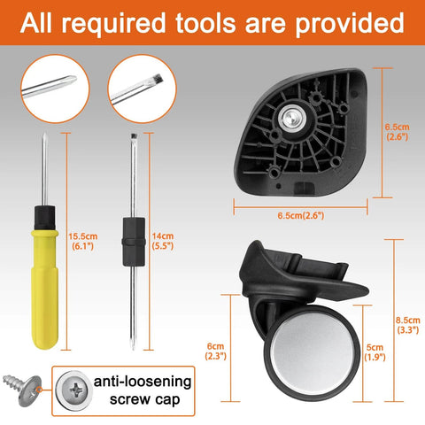Wheels Replacement Kit for Samsonite Freeform Hardside Carry On Suitcase with tools including screw cap, measuring guide, and installation tools.