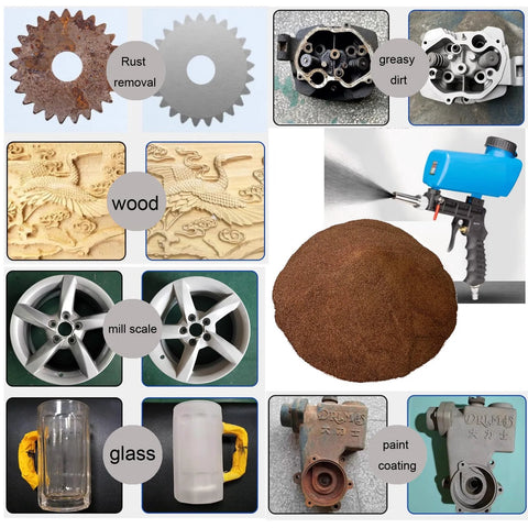 Image collage showing effects of 14 lb aluminum oxide sandblasting media, 120 grit, for surface prep on metal, wood, glass, and different materials.