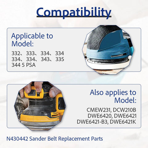 Compatibility chart for 2 Pack Replacement Belts for 5 Inch Random Orbital Sanders DeWalt DWE6420 DWE6421 DWE6423 models