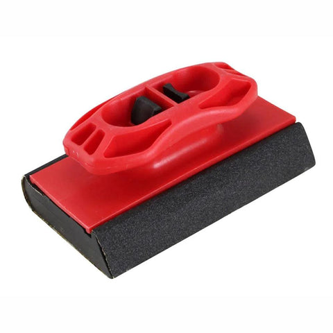 Red and black sanding block for curves and corners with dual edges and quick release.