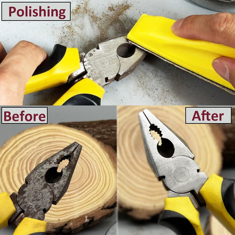 Detail Sander Paper Kit 70Pcs Wet Dry Sandpaper With 3 5 By 1 Inch Hand Block shown polishing pliers, before and after results.