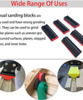 16 Piece Contoured Sanding Block Set With Interchangeable Hook And Loop Shapes displayed with examples of use on wood surfaces