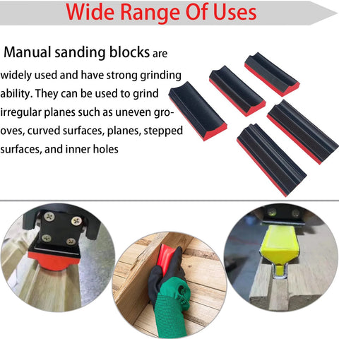 16 Piece Contoured Sanding Block Set With Interchangeable Hook And Loop Shapes displayed with examples of use on wood surfaces