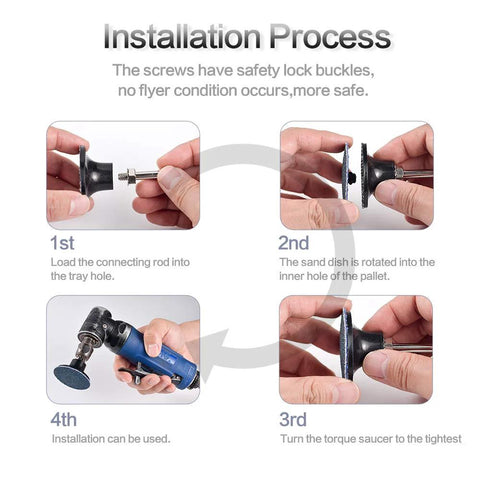 Installation steps for 2 Inch Sanding Discs Variety Kit For Drill, Grinder And Rotary Tools with shank backer plate.