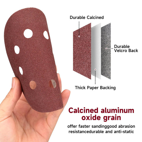 Holding a 5-inch sanding disc from 165 Piece 5 Inch Sanding Discs Set for Random Orbital Sander With Hook and Loop Backing