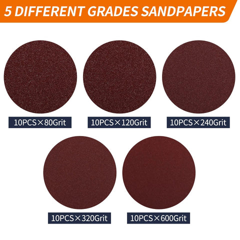 5 Inch Hook And Loop Pad For Angle Grinder With 50 Discs And 5 8 11 Threads showing sandpaper discs in various grits