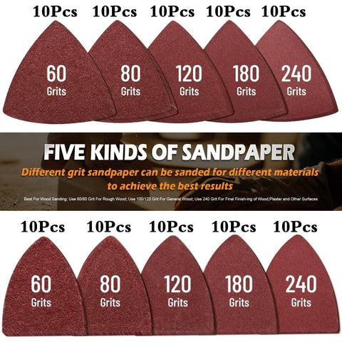 Oscillating Tool Sanding Pads Kit With Triangle And Finger Pads 100 Pcs Grit Set showing various grit types from 60 to 240.