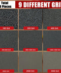 Image of 9 different grit levels in the Five Inch Foam Sanding Pad Set 18 Pcs 180 3000 Grit For Wet Dry Orbital Sander.