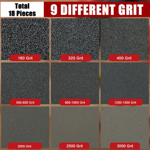 Image of 9 different grit levels in the Five Inch Foam Sanding Pad Set 18 Pcs 180 3000 Grit For Wet Dry Orbital Sander.