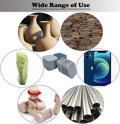 Collage showcasing 54 Pack Soft Touch Sanding Pads 2x2 Mesh Grit Pads 320 To 3500 For Plastic with diverse applications.