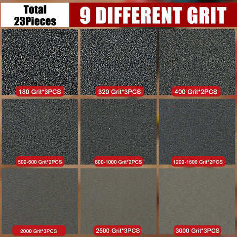 24 Pack Detail Sanding Sponge Set 3 Inch Pads Grit 180-3000 For Edges And Curves, showing all grit types available