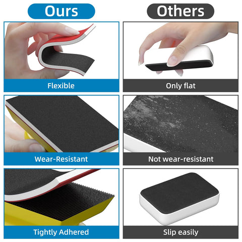 Comparison of flexible wear-resistant sanding sponge versus flat slip-prone block in 25 Piece Sanding Sponge Set 120-600 Grit 3x4 Inch Wet Dry Foam Blocks For Wood.