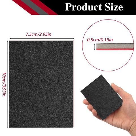 Hand holding 27 Pcs Sanding Sponge Pads Set 120 To 3000 Grit For Wet Dry Sanding Wood Metal with size dimensions