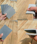 20 Pcs 3x4 Inch Sanding Sponge Set 400 600 1000 2000 3000 Grit For Wet Dry Use, shown in hand and in use on wood surface