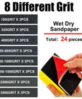 24 Piece Sanding Sponge Set 180 To 3000 Grit Foam Hand Sander 3x4in Wet Dry with hand holding sponge and grit details