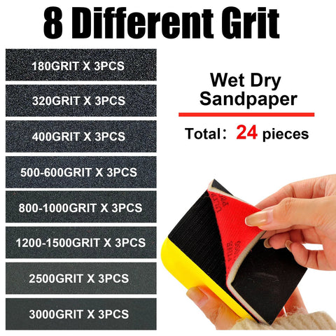 24 Piece Sanding Sponge Set 180 To 3000 Grit Foam Hand Sander 3x4in Wet Dry with hand holding sponge and grit details