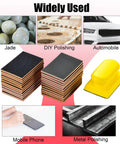 24 Piece Sanding Sponge Set 180 To 3000 Grit Foam Hand Sander 3x4in Wet Dry showing various uses on jade, cars, phones, metal.