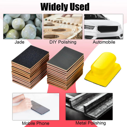 24 Piece Sanding Sponge Set 180 To 3000 Grit Foam Hand Sander 3x4in Wet Dry showing various uses on jade, cars, phones, metal.