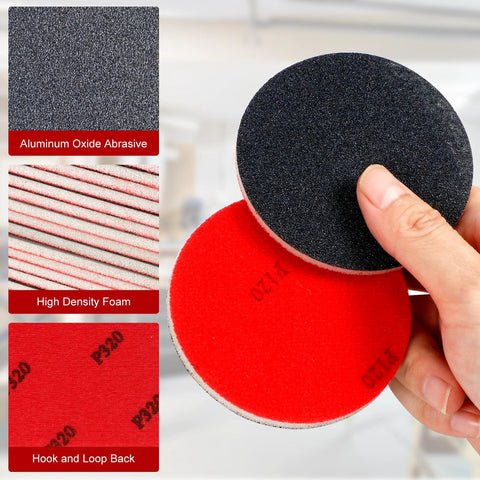 Hand holding 48 Pcs 3 Inch Round Sanding Sponge Set Grit 80 To 3000 for wood metal auto body, featuring aluminum oxide abrasive and hook-and-loop back.