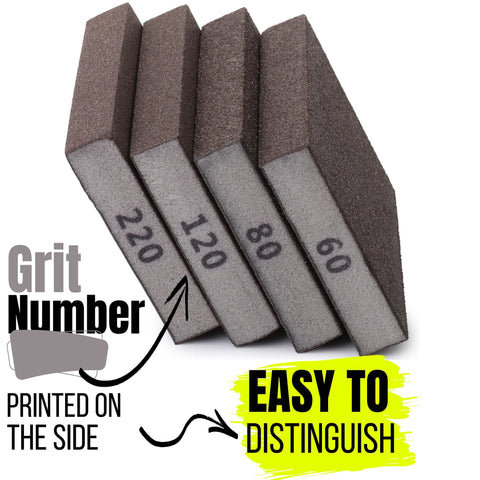 Sanding Sponge Set 4 Pack 60 80 120 220 Grit For Wood Metal Drywall showing grit numbers printed on the side for easy identification