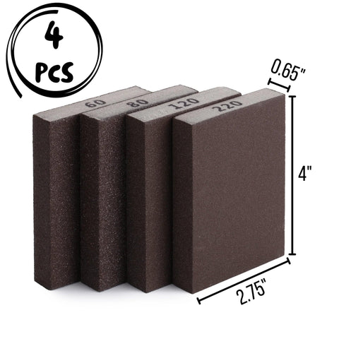Sanding Sponge Set 4 Pack 60 80 120 220 Grit For Wood Metal Drywall, 4 sponges with dimensions labeled.