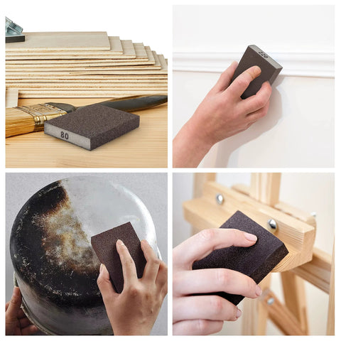 Sanding Sponge Set 4 Pack 60 80 120 220 Grit For Wood Metal Drywall in use on wood, metal, drywall surfaces with hand sanding