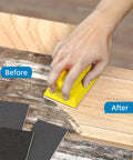 Hand using 25 Piece Sanding Sponge Set 120-600 Grit 3x4 Inch Wet Dry Foam Block For Wood, showing before and after results on wood surface.