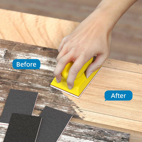 Hand using 25 Piece Sanding Sponge Set 120-600 Grit 3x4 Inch Wet Dry Foam Block For Wood, showing before and after results on wood surface.