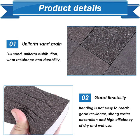 Close-up of Six Piece Sanding Sponge Set with 60 80 120 220 grits showing uniform sand grain and flexibility for wood use.