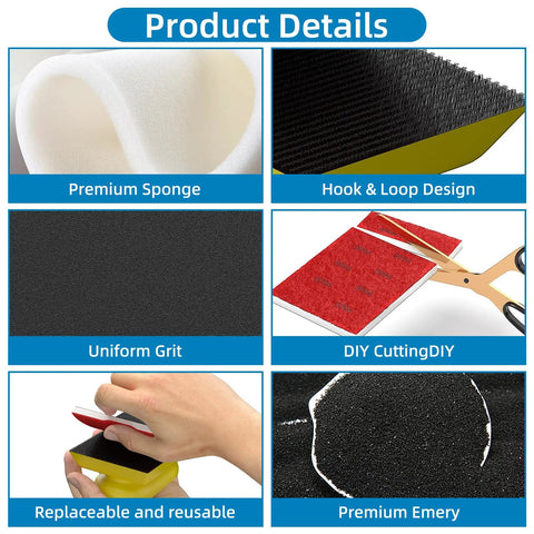 Product details of 25 Piece Sanding Sponge Set 120-600 Grit 3x4 Inch Wet Dry Foam Blocks For Wood, showcasing sponge texture and cutting design.
