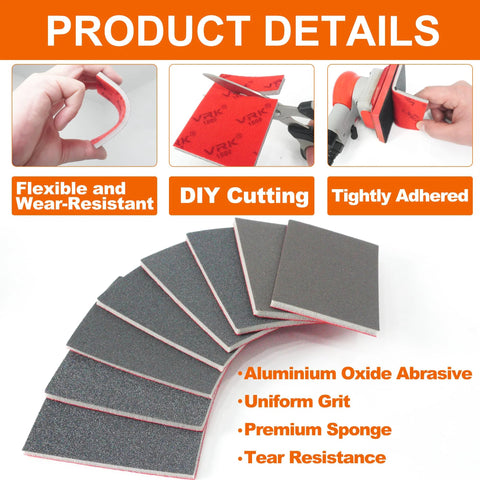 Close-up of 28 Pcs Grit Sanding Sponges Set Wet Dry Foam Hand Sander for Wood Metal Auto, showing flexible and wear-resistant design.