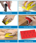 Collage showing 25 Piece Sanding Sponge Set 120-600 Grit 3x4 Inch Wet Dry Foam Blocks For Wood in various uses like wet, dry, curved sanding.