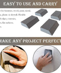 4 Pack 220 Grit Single Angle Sanding Sponges for Wood Metal Drywall, illustrated in various uses on wood and drywall surfaces.