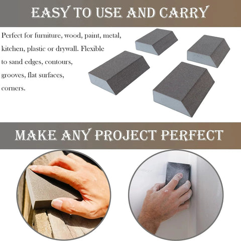 4 Pack 220 Grit Single Angle Sanding Sponges for Wood Metal Drywall, illustrated in various uses on wood and drywall surfaces.