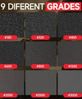 Image of 9 grit sandpaper textures from the 20 Piece Sanding Sponge Set With 9 Grits 180 To 3000 Wet Dry For Wood Metal.