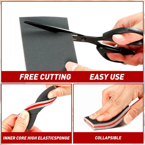 Sanding sponge set, 24 pieces, 800–1000 grit; gray blocks with red elastic core, collapsible.
