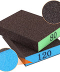Close-up of 8 Pack Sandpaper Blocks With Grits 60 80 120 220 Washable Reusable Sponges, showing color-coded grits 80 and 120.