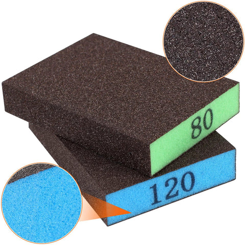 Close-up of 8 Pack Sandpaper Blocks With Grits 60 80 120 220 Washable Reusable Sponges, showing color-coded grits 80 and 120.