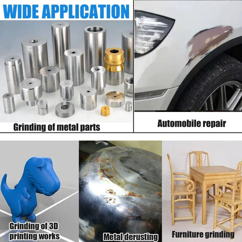 Image showing metal parts grinding, automobile repair, 3D print smoothing, metal derusting, and furniture grinding applications.
