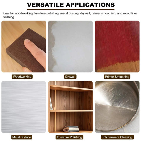 Various applications of the Assorted Grit Sanding Sponges Set 120 220 320 400 For Wood Metal Drywall, including woodworking and metal polishing.