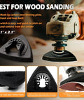 Oscillating Tool Sanding Pads Kit With Triangle And Finger Pads 100 Pcs Grit Set in use on wood surface with carbon steel backing.