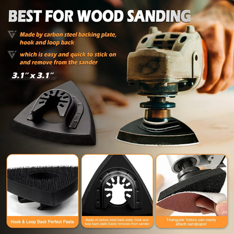 Oscillating Tool Sanding Pads Kit With Triangle And Finger Pads 100 Pcs Grit Set in use on wood surface with carbon steel backing.