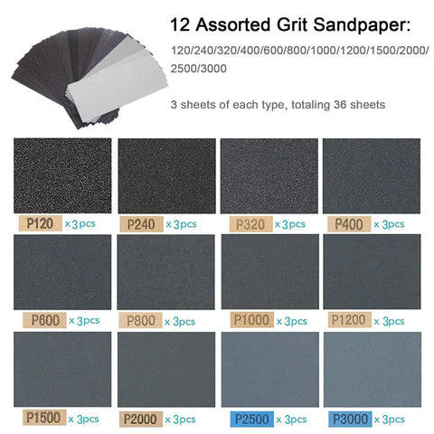 Assorted sandpaper sheets for Sponge Handled Sandpaper Holder With 36 Grits 120 To 3000 For Dry Wet Sanding, 36 pieces shown