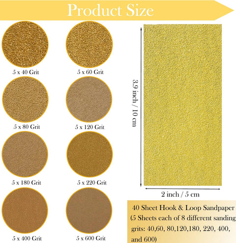 40 Sheet Sandpaper Set with 8 Grits for 16 Contoured Sander Blocks, Size 3.9x2 inches, ideal for Woodworking Moldings