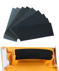 24 Sheet Sandpaper Variety Pack 120 To 3000 Grits With Hand Sander 9x3.6 Inch showing sandpapers and sander close-up