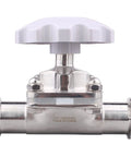 Front view of Sanitary Diaphragm Valve With Silicone Seal, Stainless Steel 316L, 1.5 Inch Tri Clamp handle, DERNORD, for ultrapure fluid control.